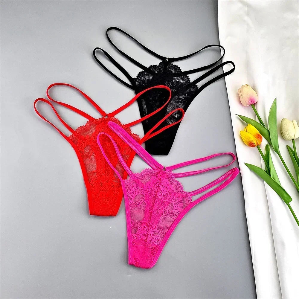 3 Pcs Lace Thin Strap Thong Women Low Waist Sexy Perspective Underwear Ladies Transparent G-string Panty Plus Size T-back luvshop24