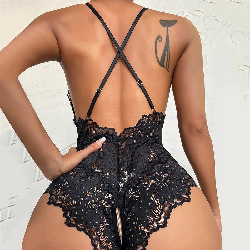 Erotic Lingerie for Women Lace Transparent Bra Set Sexy Costumes Deep V Open Crotch Bodysuit Female Underwear Lingerie Sexy luvshop24