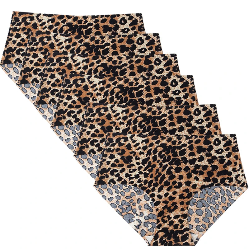 6pcs Women's Seamless Ice Silk Panties Female Mid Waist Plus Size Leopard Print Underwear Girls Fashion Brief Lady Comfort Panty luvshop24