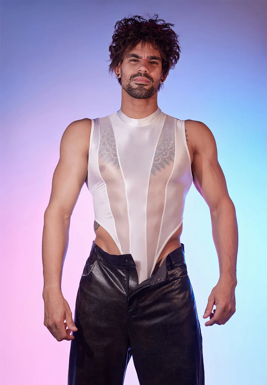 Hot Sexy Men's Bodysuits Mesh Patchwork Shiny Transparen Short Sleeve Male Rompers High Cut Leotard Gay Open Crotch Jumpsuits luvshop24