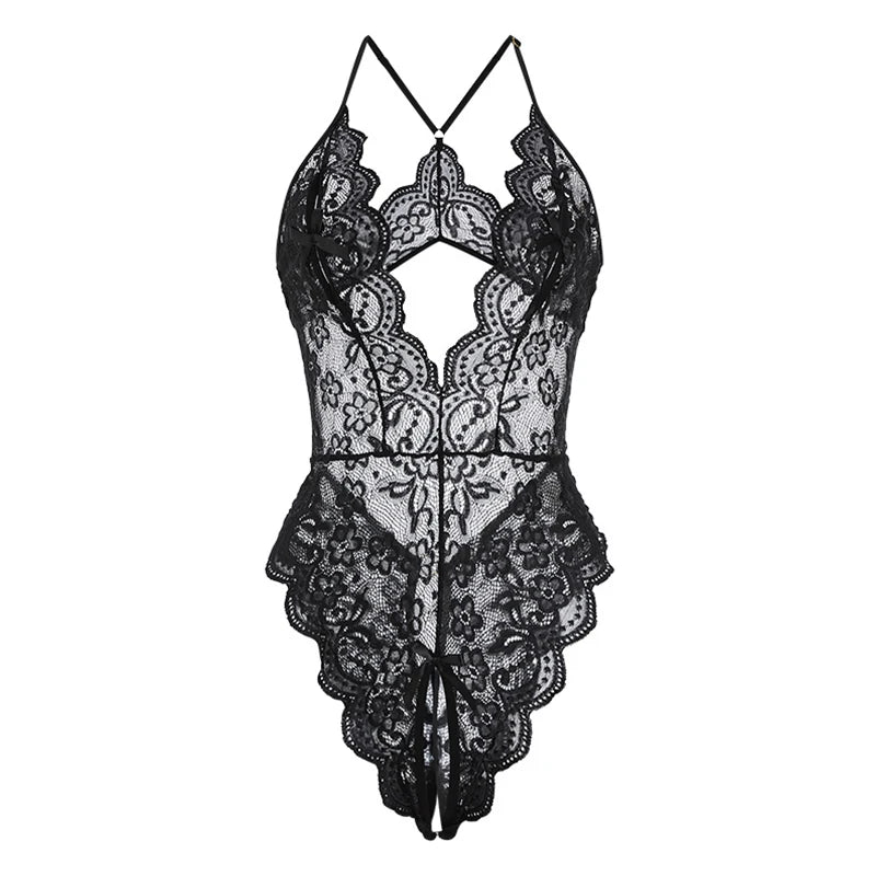 Lace Transparent Pajamas Women Erotic Sleepwear Deep V Open Bra Crotchless Bodysuit Sexy Costume Female Teddy backless Nightgown luvshop24