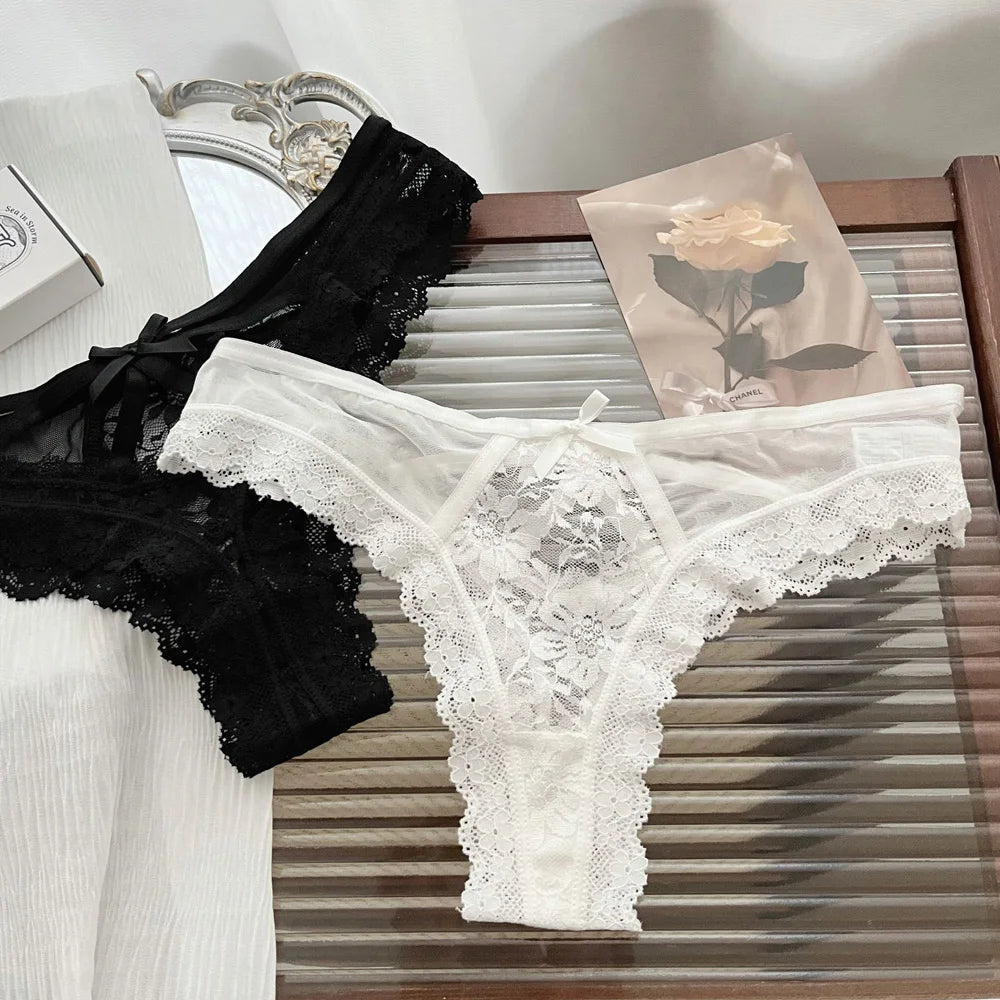  Lace Bow Sexy Thong Transparent Women's Lingerie Low Waist Flower Embroidery Mesh Perspective Hollowed Panties Briefs luvshop24