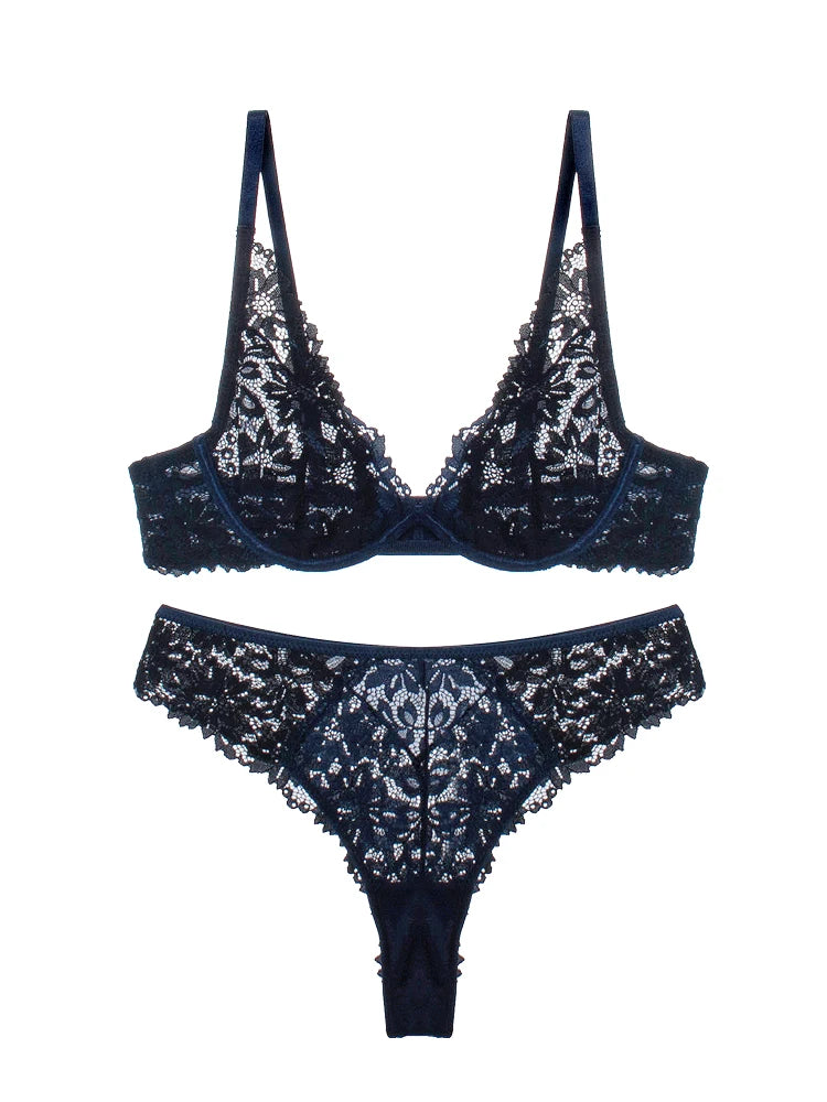 Lace Neck Lingerie Women's Feeling Without Steel Ring Bra Set Female Deep v Thin Section Underwear Knot Wave Mesh Bras luvshop24