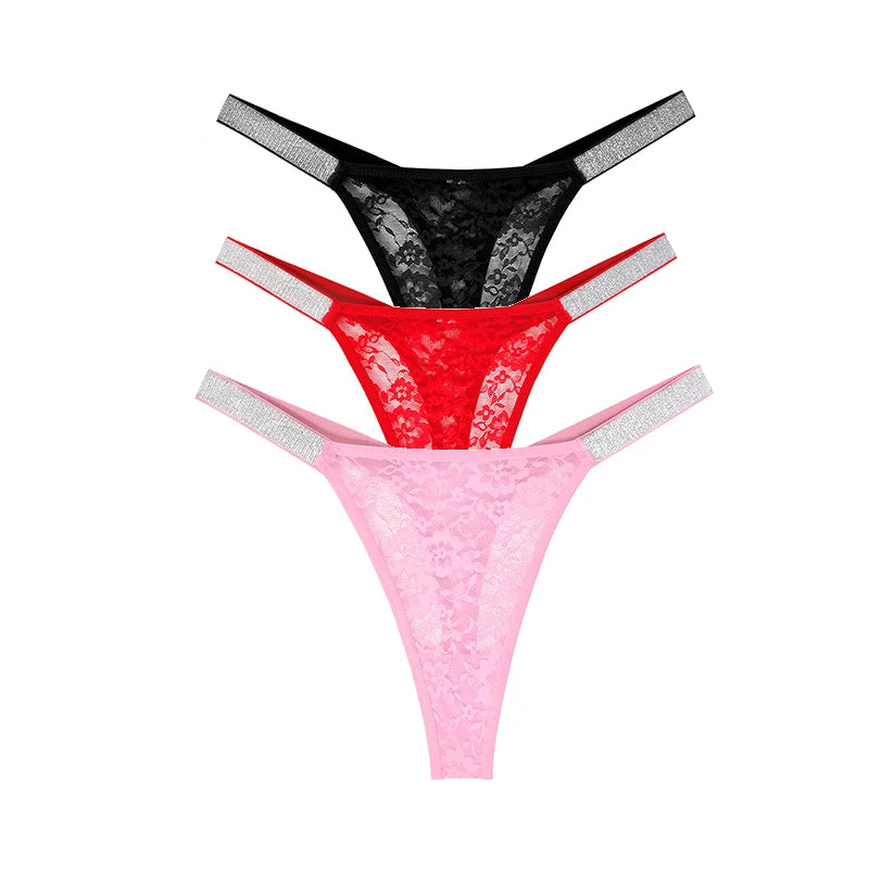 3pcs Sexy Thongs Lace Women Underwear Perspective Floral Panties Low Rise Two Shiny Belts G-string Comfortable Intimate Lingerie luvshop24
