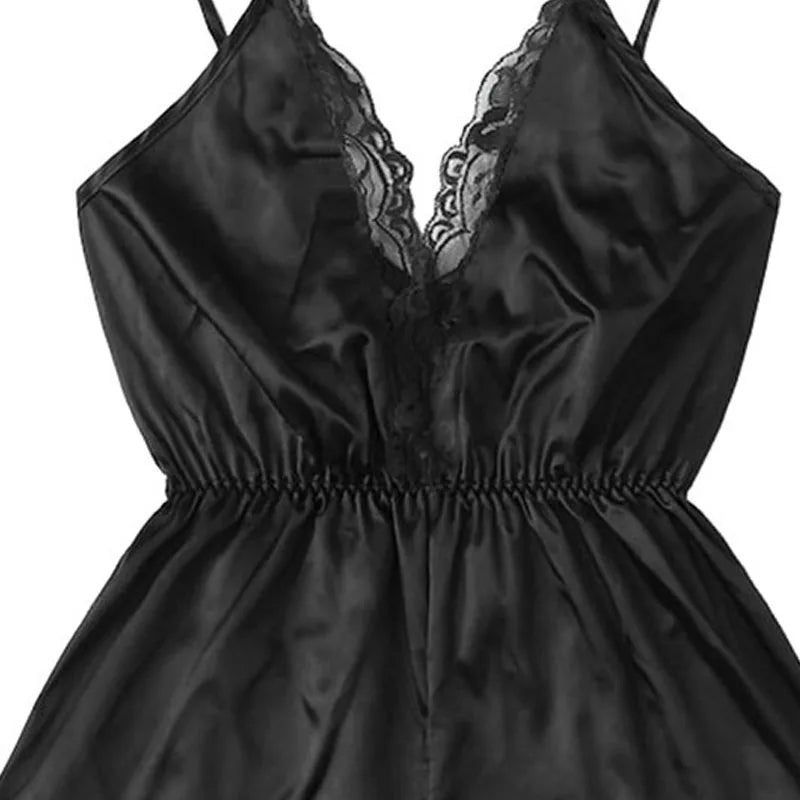 Sexy Lace Halter Oil Shiny Cloth Black Jumpsuit Fashionable and Comfortable Lace Lace Pyjamas Erotic Lingerie luvshop24