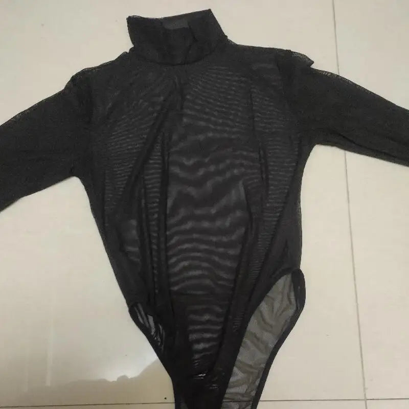 NEWFUNJOIN Turtleneck Long Sleeve See Through Black Bodysuits for Women Nightclub Party Sheer Sexy Romper TOPS Clothing Lingerie luvshop24