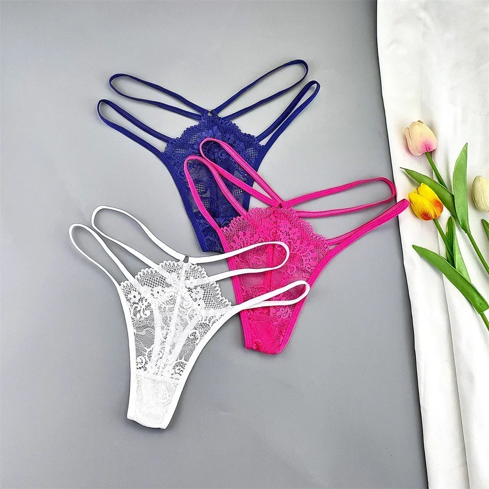 3 Pcs Lace Thin Strap Thong Women Low Waist Sexy Perspective Underwear Ladies Transparent G-string Panty Plus Size T-back luvshop24