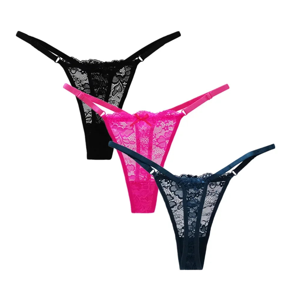 3PCS Adjustable Sexy Transparent Thong Panties Women Lace Underwear Low Waist Female T-back String Underpants luvshop24