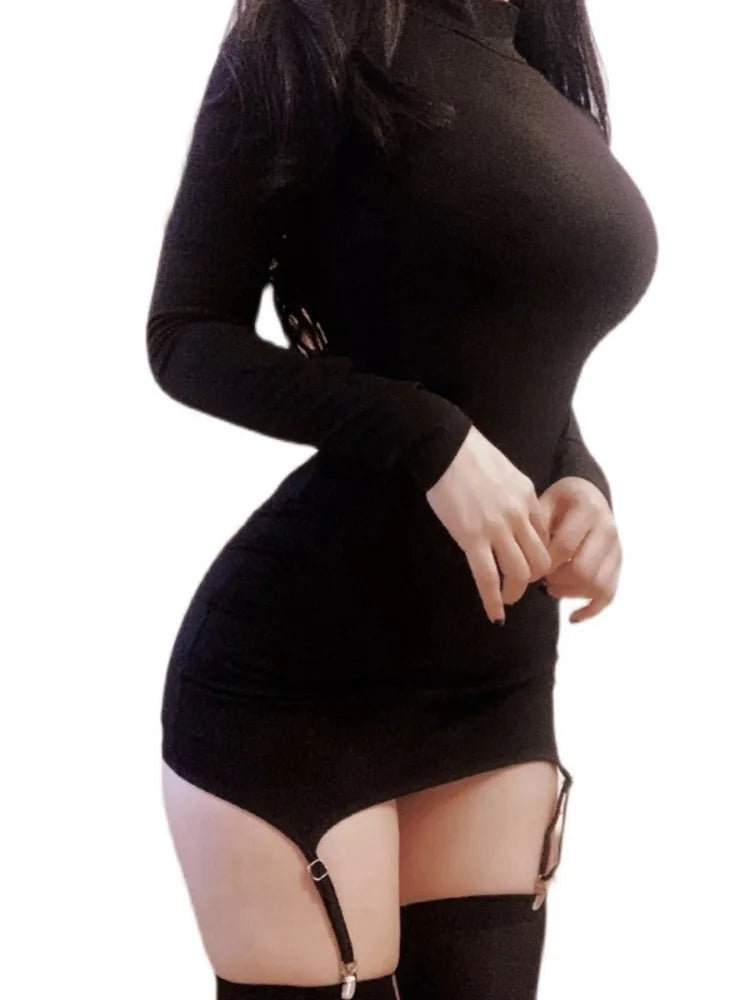 WOMENGAGA Sexy Long Sleeve Mini Dress Socks NEW High Waist Thin O Neck Elegant Fairy Women Korean Hot Sexy Dresses autumn 763G luvshop24