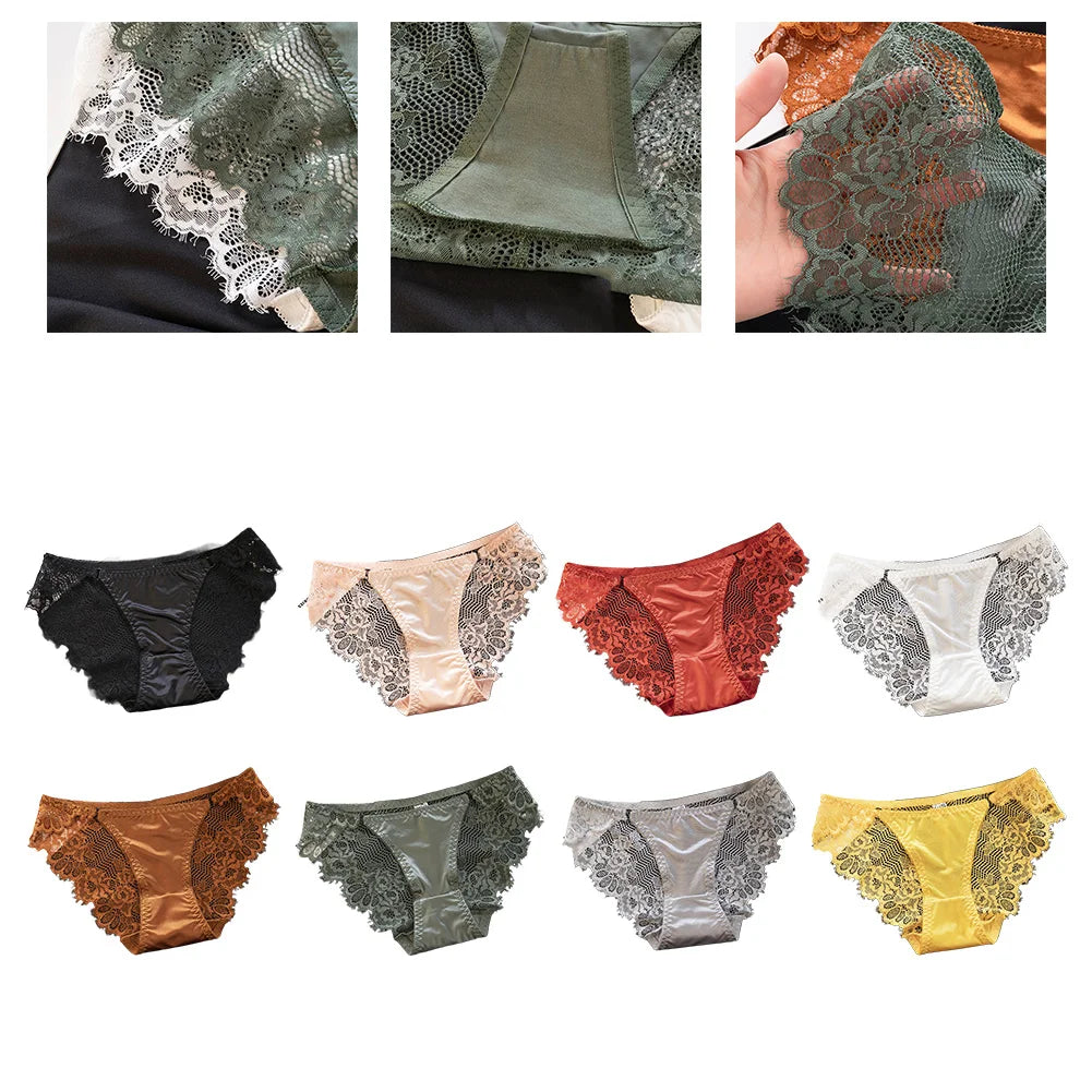 1pc Women's Sexy Lace Panties Satin Seamless Underwear Lace Mesh Sheer Low Waist Triangle Underwear Ladies Thin Breathable Brief luvshop24