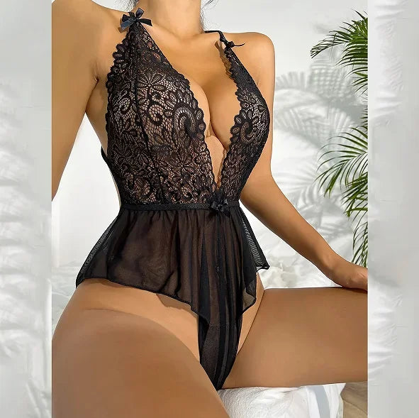 Erotic Lingerie for Women Lace Transparent Bra Set Sexy Costumes Deep V Open Crotch Bodysuit Female Underwear Sexy Body luvshop24