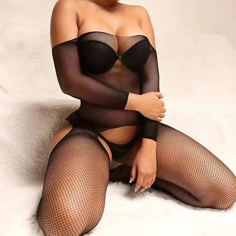 Female Crotchless Sexy Lingerie Fishing Net Women's Pantyhose Hollow Mesh See-Through Tights Fishnet Stockings Erotic Costumes luvshop24