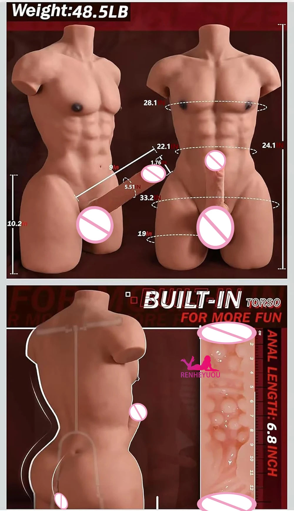 RENHEYUOU Sex Doll Torso with Realistic Huge Testicles Penis Anal Adult Sex Toy Transsexual TPE Sex Doll Gay Masturbation toys luvshop24