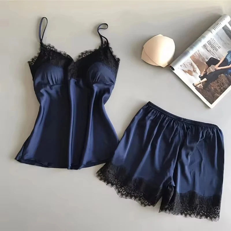Women Pajama Suit Fashion V-Neck Stretch Satin Babydoll Lace Sexy Lingerie Bowknot Pyjamas Sleep Shorts Set Sleepwear New luvshop24