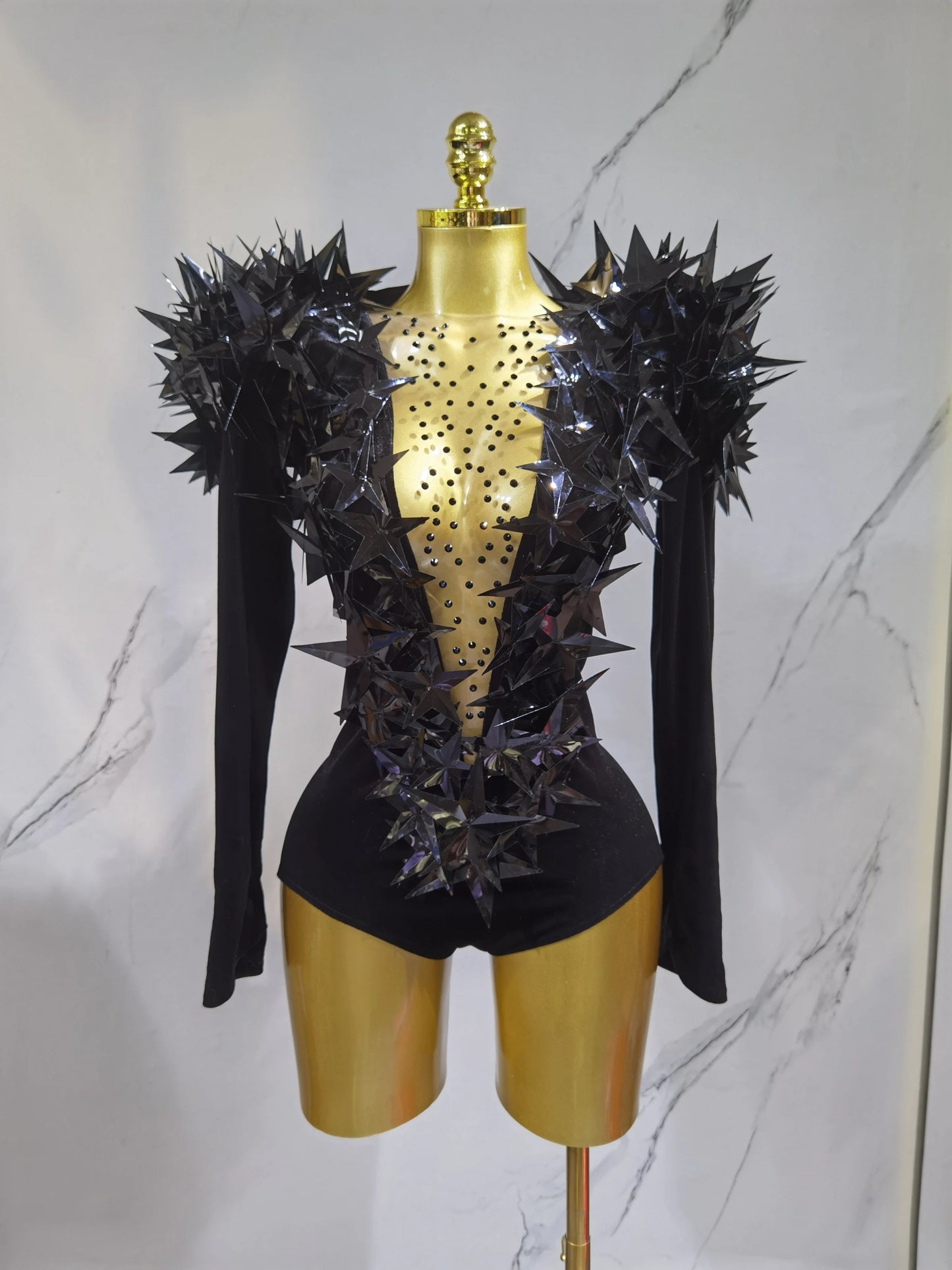 2025 New Shiny Black Rhinestone Velvet Long Sleeve Bodysuit Women Evening Party Club Gala Hosts NightClub Bar Stage Costumes luvshop24