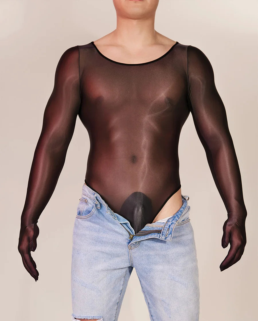 Hot Sexy Oil Shiny Bodysuit for Men Body Stockings Sheer See Through Five Fingers Glove Leotard Male Erotic Lingerie Sex Clothes luvshop24