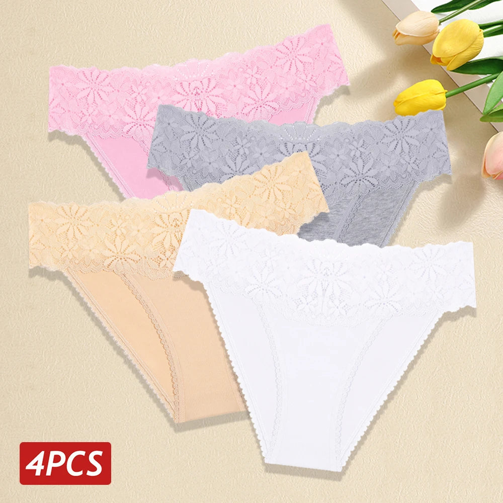 Lace Panties Women Cotton Briefs Female Comfortable Underwear 4PCS/Set Elstice Solid Color Panties Female Low Rise Sexy Lingerie luvshop24