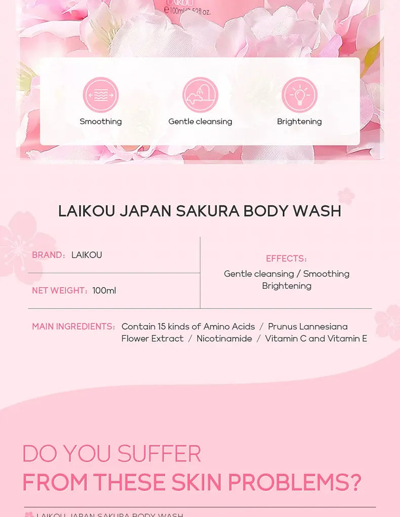 LAIKOU Sakura Shower Gel Long Moisturizing Smooth Long Lasting Fragrance Gentle Foam Body Cleansing Bath Product 100ml luvshop24