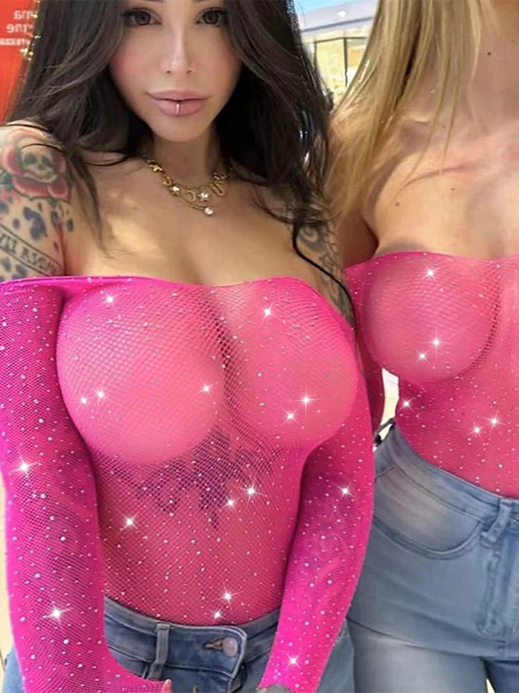 Fashion Sexy Lingerie Fishnet Bodysuits Sexy Perspective Diamonds Porno Costume Sexy Women Open Body Lace Bodysuit Streetwear luvshop24