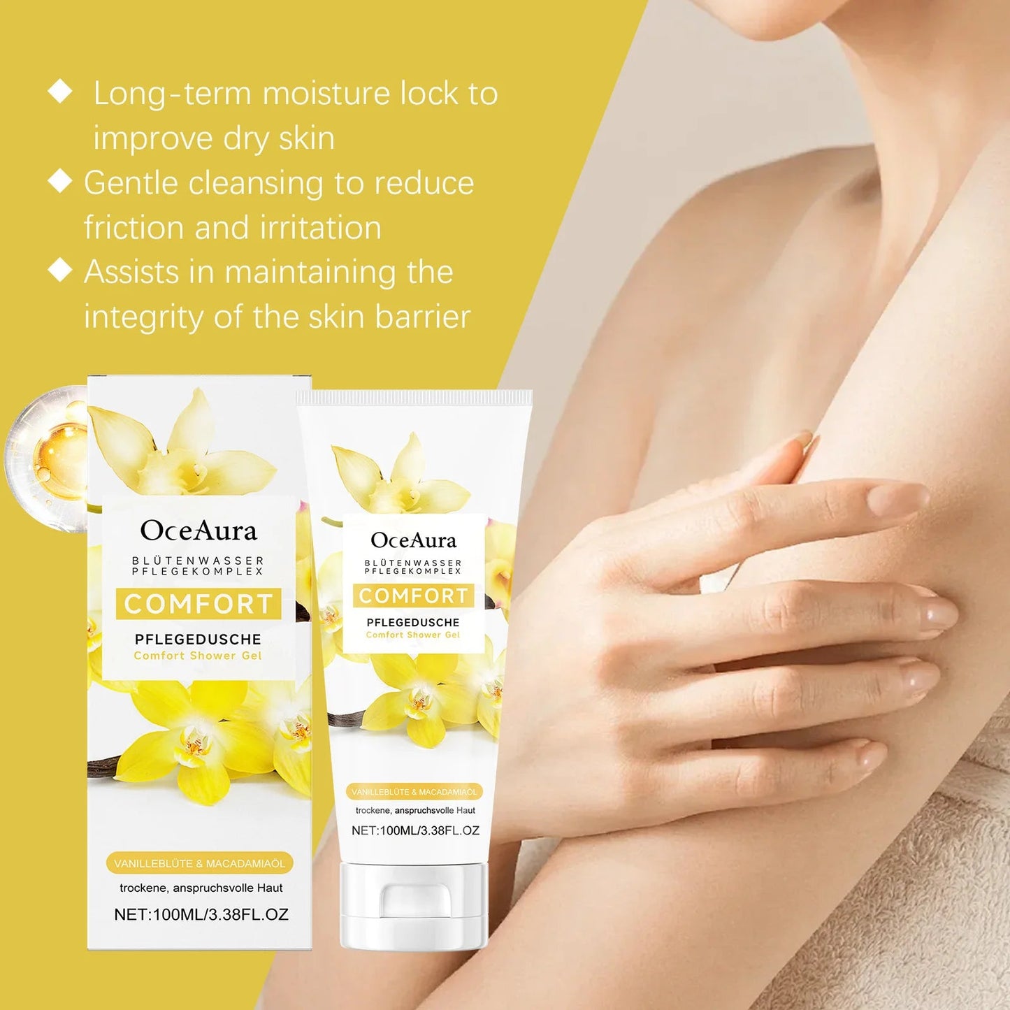 OCEAURA 100ml Comfort Shower Gel Long-term Moisture Lock to Improve Dry Skin Gentle Cleansing to Eeduce Friction and Irritation luvshop24