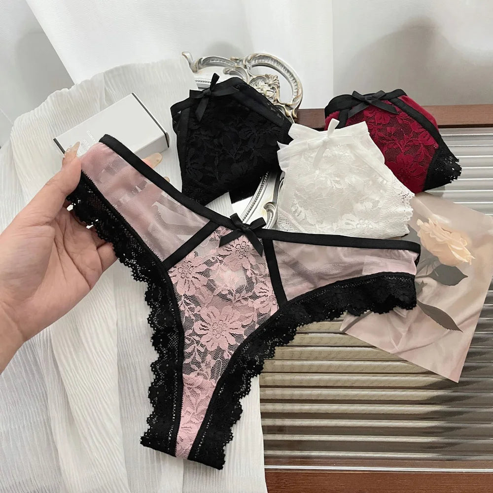  Lace Bow Sexy Thong Transparent Women's Lingerie Low Waist Flower Embroidery Mesh Perspective Hollowed Panties Briefs luvshop24