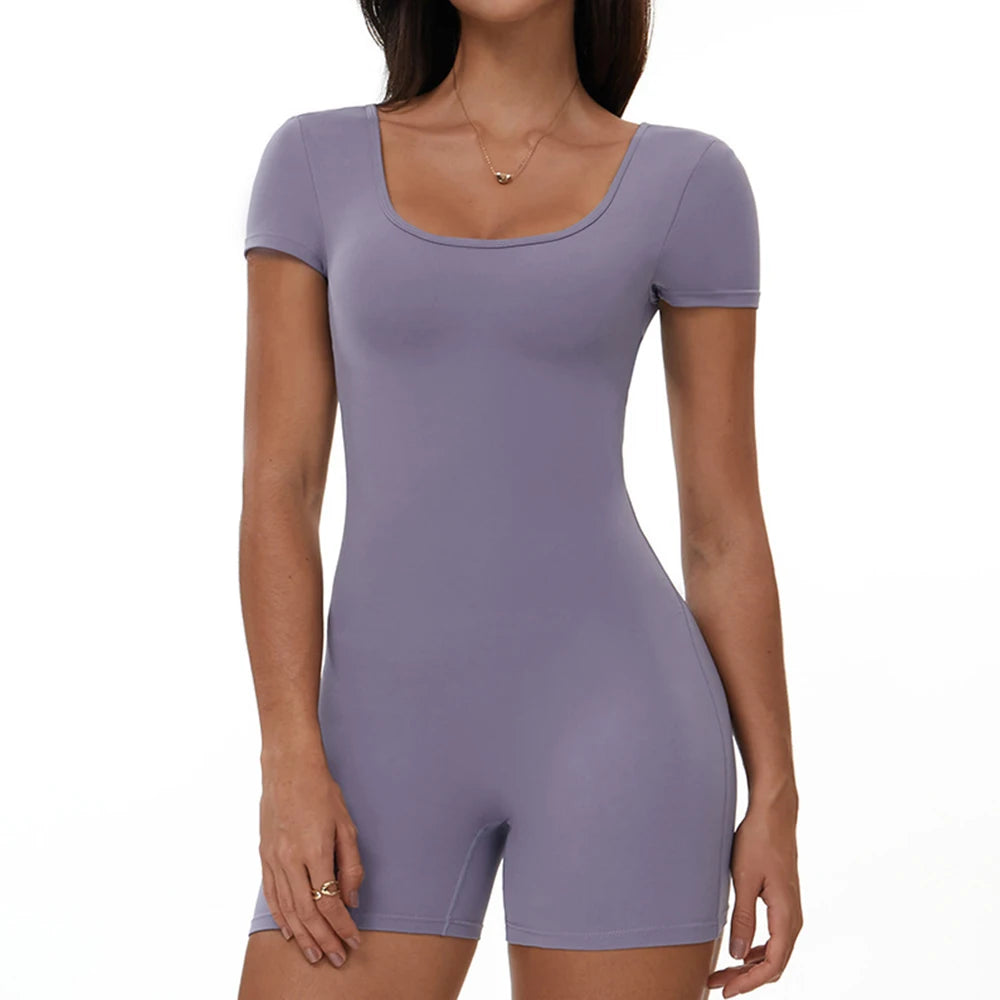 Womens Sports Bodysuit Short Sleeve Jumpsuits Stretch One Piece Set Romper Sexy Scrunch Butt Fitness Jumpsuit Female Sportwears luvshop24
