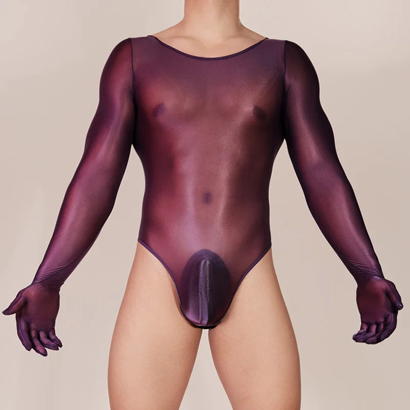 Hot Sexy Oil Shiny Bodysuit for Men Body Stockings Sheer See Through Five Fingers Glove Leotard Male Erotic Lingerie Sex Clothes luvshop24