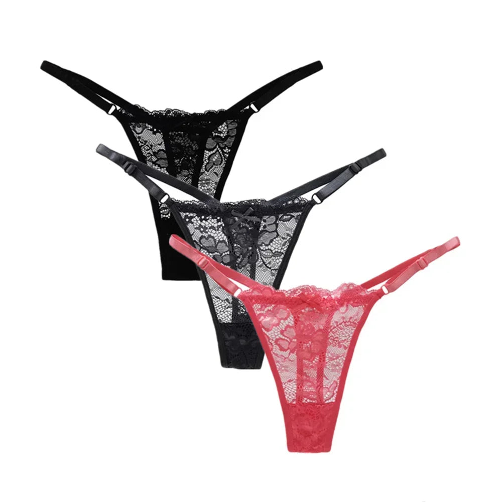 3PCS Adjustable Sexy Transparent Thong Panties Women Lace Underwear Low Waist Female T-back String Underpants luvshop24
