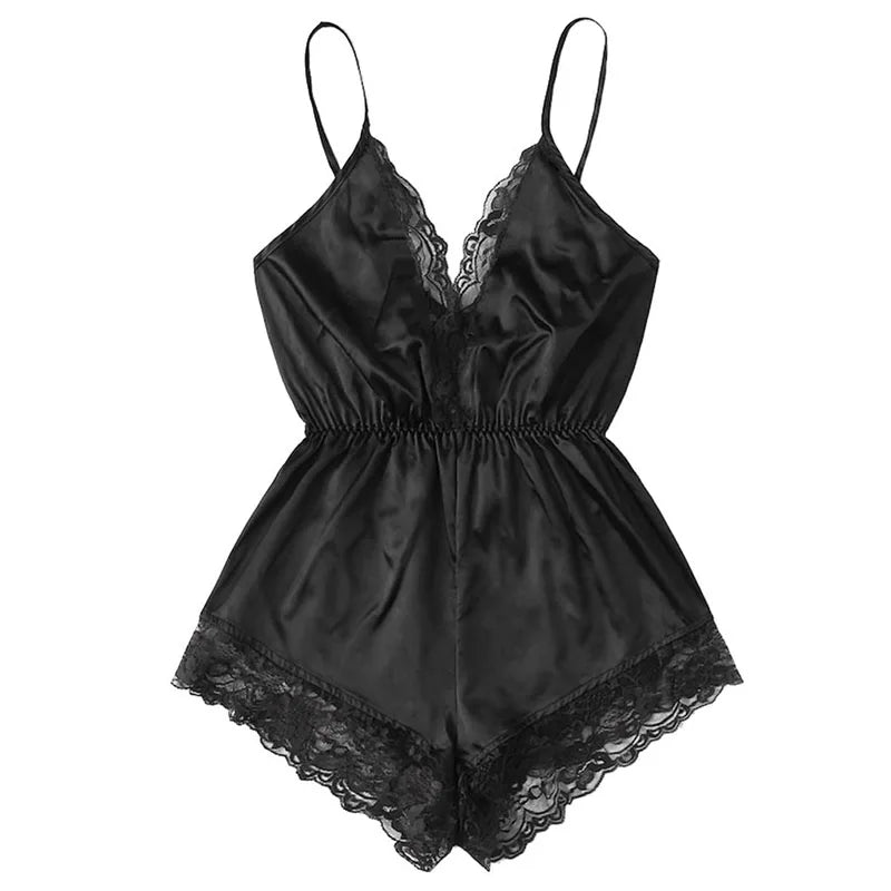 Sexy Lace Halter Oil Shiny Cloth Black Jumpsuit Fashionable and Comfortable Lace Lace Pyjamas Erotic Lingerie luvshop24