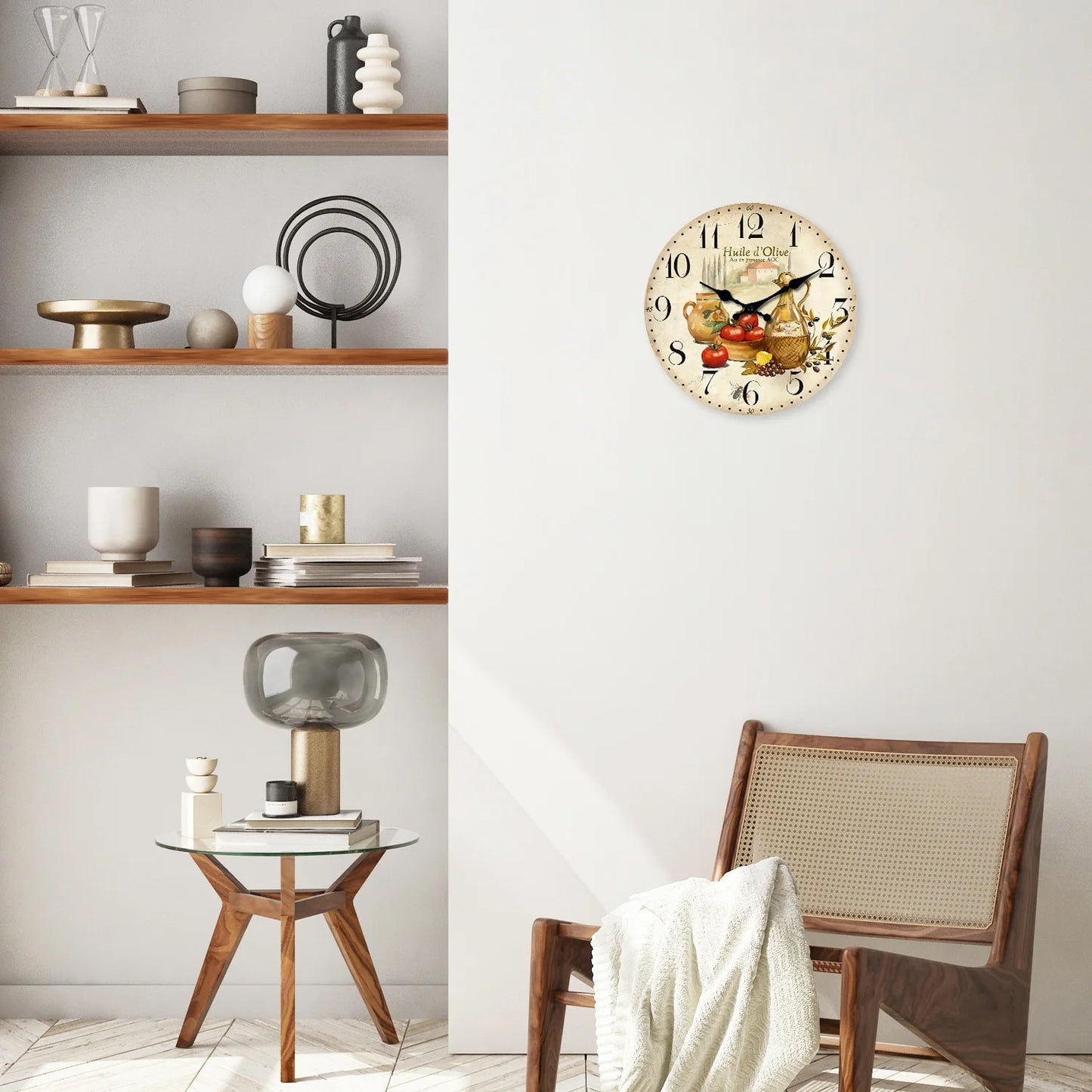 Retro Provence Olive Oil and Tomato Pattern Wooden Wall Clock Living Room Bedroom Kitchen Home Decoration Wall Clock Silent Quartz Clock Holiday Gift 10 Inches 12 Inches 14 Inches 16inch (Without Batteries) luvshop24
