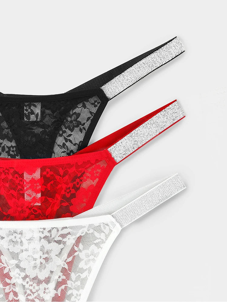 3pcs Sexy Thongs Lace Women Underwear Perspective Floral Panties Low Rise Two Shiny Belts G-string Comfortable Intimate Lingerie luvshop24