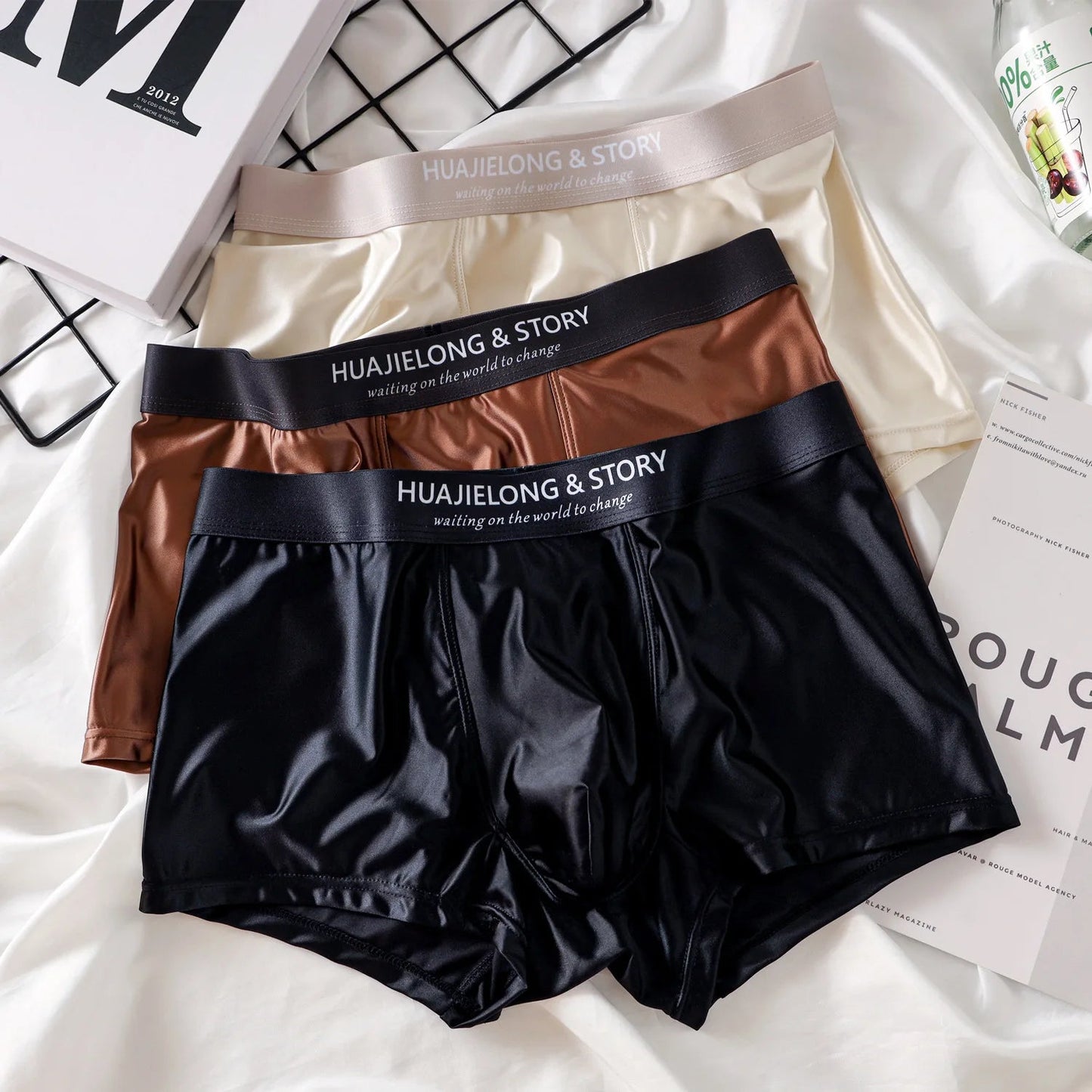 1/3Pcs Breathable Thin Satin Silk Boxer Briefs Seamless Mid Waist Ice Silk Boxers Underpants Smooth Underwear for Men Daily luvshop24