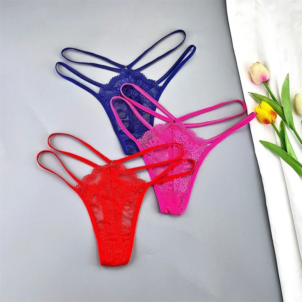 3 Pcs Lace Thin Strap Thong Women Low Waist Sexy Perspective Underwear Ladies Transparent G-string Panty Plus Size T-back luvshop24