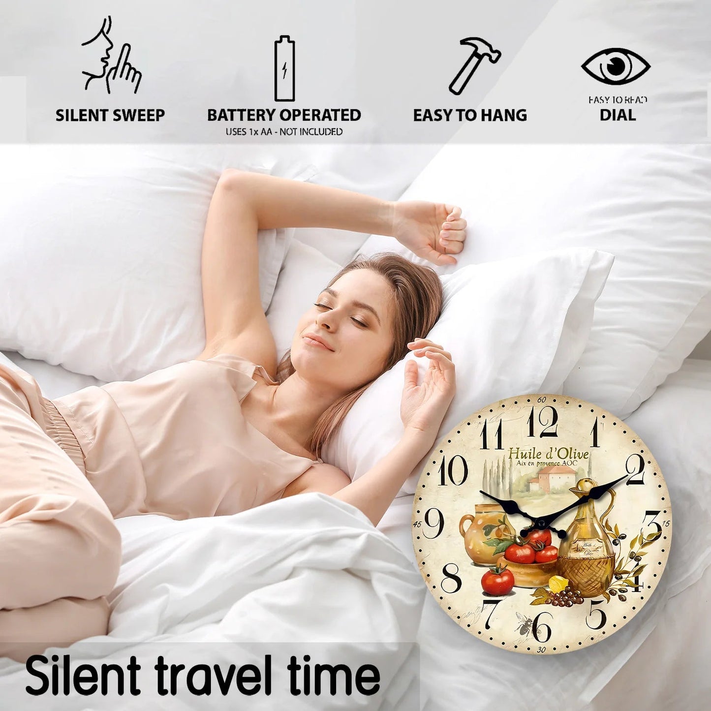 Retro Provence Olive Oil and Tomato Pattern Wooden Wall Clock Living Room Bedroom Kitchen Home Decoration Wall Clock Silent Quartz Clock Holiday Gift 10 Inches 12 Inches 14 Inches 16inch (Without Batteries) luvshop24