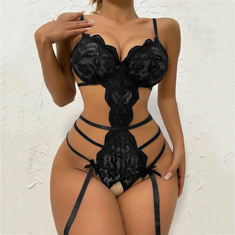 Erotic Lingerie for Women Lace Transparent Bra Set Sexy Costumes Deep V Open Crotch Bodysuit Female Underwear Lingerie Sexy luvshop24