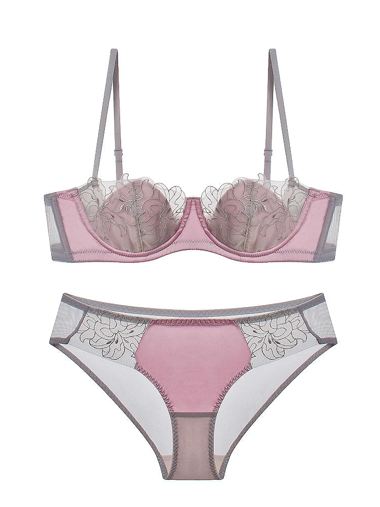 Lace Neck Lingerie Women's Feeling Without Steel Ring Bra Set Female Deep v Thin Section Underwear Knot Wave Mesh Bras luvshop24