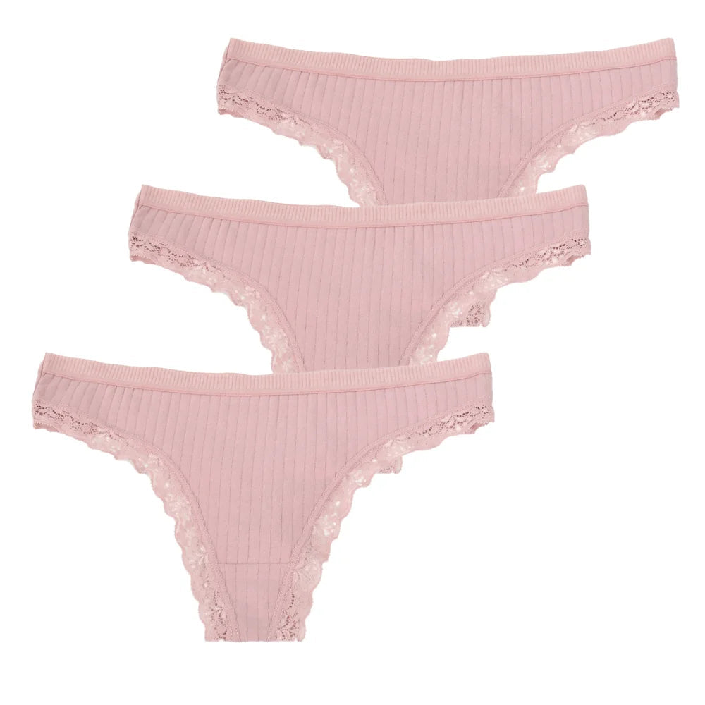3pcs Cotton Women's Thong Panties Breathable Low Waist Seamless Underwear Sexy Female Lady Comfortable Solid Color Lace G-String luvshop24