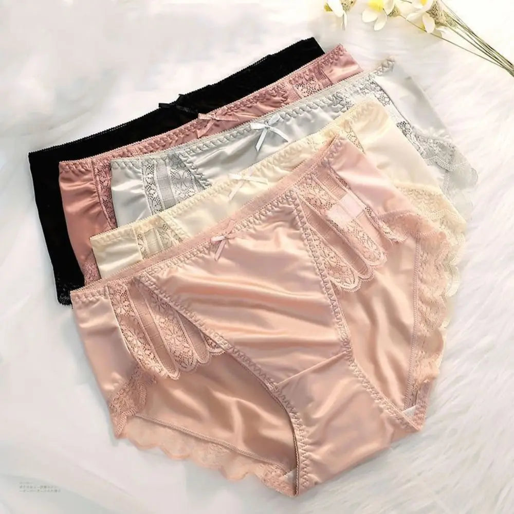2Pcs Lingerie Underwear Lace Briefs Women Bow Mid Waist Stain Silk Panties Underpants Cotton Crotch Mesh Seamless Briefs Gifts luvshop24
