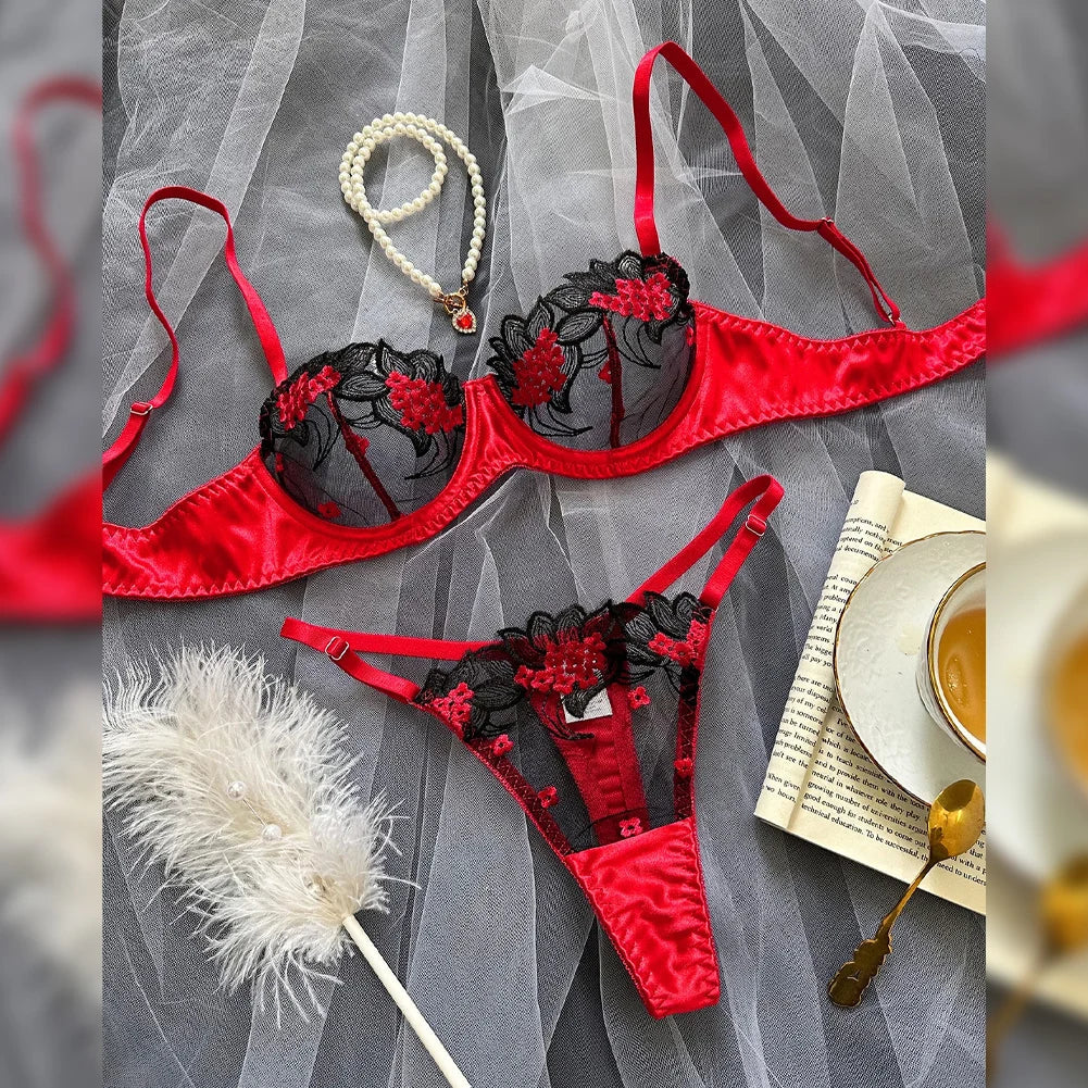 Floral Sexy Lingerie Lace Eroticу Bralette + Briefs Set Transparent Women's Underwear Embroidery Erotic Beautiful Bra And Panty luvshop24