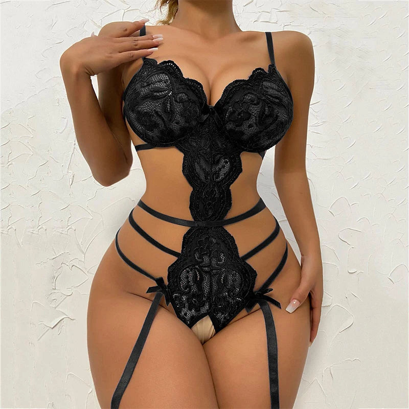 2022 Sexy Three Piece Suit Lace Shapewear Perspective Porn Suit Halterneck Embroidered Push Up Bra Garter Teddy Lingerie Hot Set luvshop24