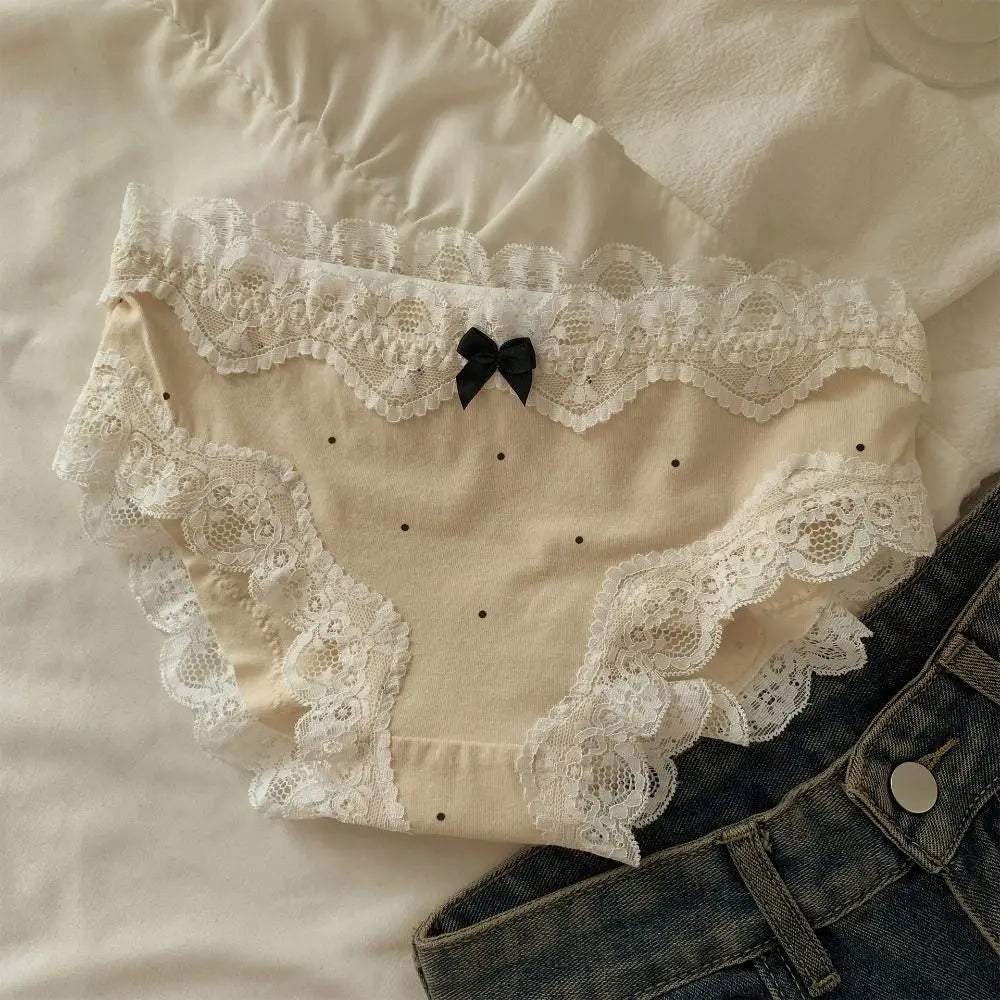3Pcs Lingerie Dot Lace Bowknot Panties Sweet Mid Waist Seamless Briefs Cotton Crotch Underpants Underwear for Women Lady luvshop24