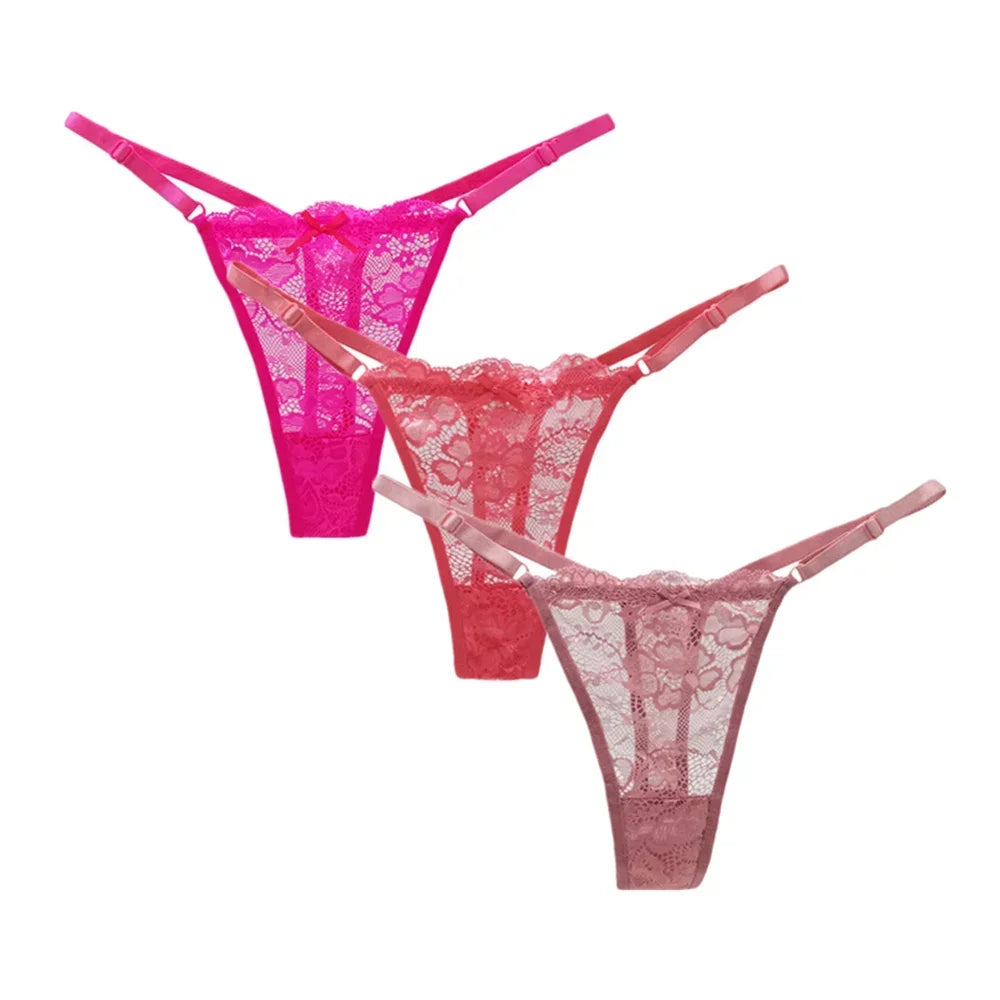 3PCS Adjustable Sexy Transparent Thong Panties Women Lace Underwear Low Waist Female T-back String Underpants luvshop24