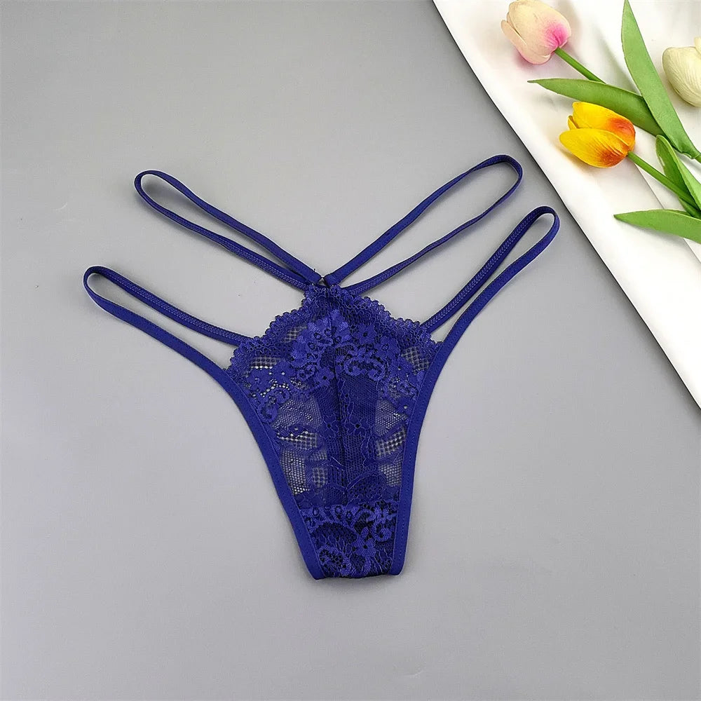 3 Pcs Lace Thin Strap Thong Women Low Waist Sexy Perspective Underwear Ladies Transparent G-string Panty Plus Size T-back luvshop24