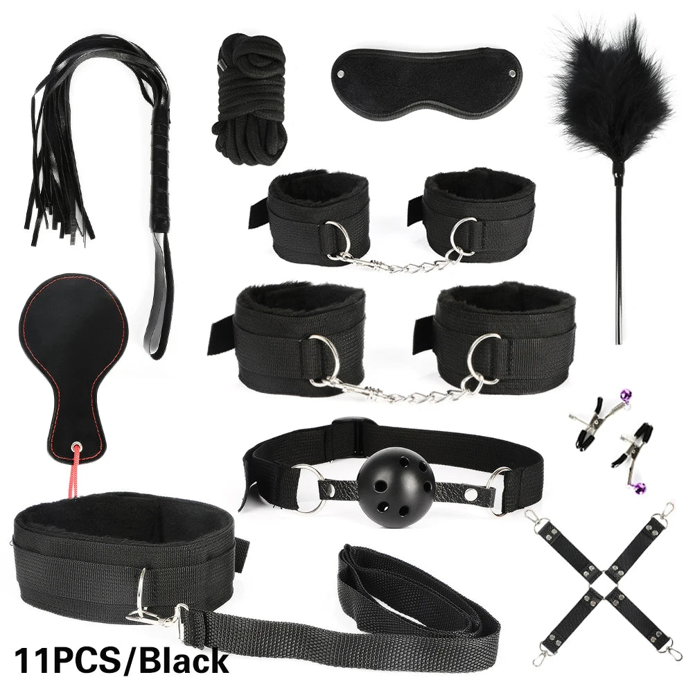 Bdsm SexLove Kits Female Handcuff Whip Mouth Gag Anal Bead Butt Plug Adult Game Props Bondage Restraint Kit Bullet Vibrator luvshop24