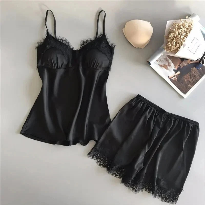 Women Pajama Suit Fashion V-Neck Stretch Satin Babydoll Lace Sexy Lingerie Bowknot Pyjamas Sleep Shorts Set Sleepwear New luvshop24
