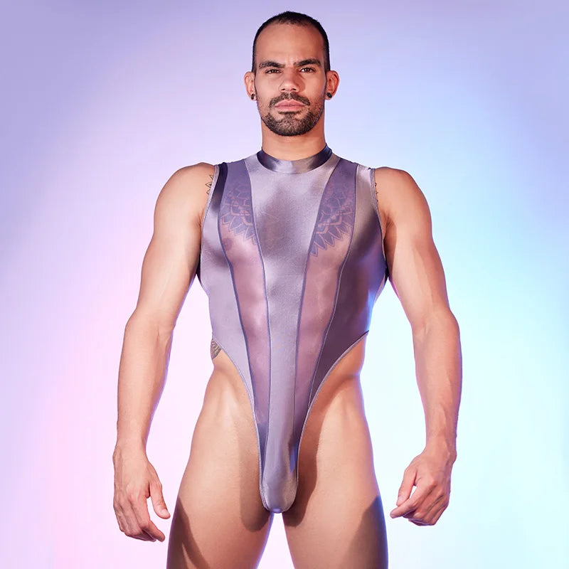 Hot Sexy Men's Bodysuits Mesh Patchwork Shiny Transparen Short Sleeve Male Rompers High Cut Leotard Gay Open Crotch Jumpsuits luvshop24