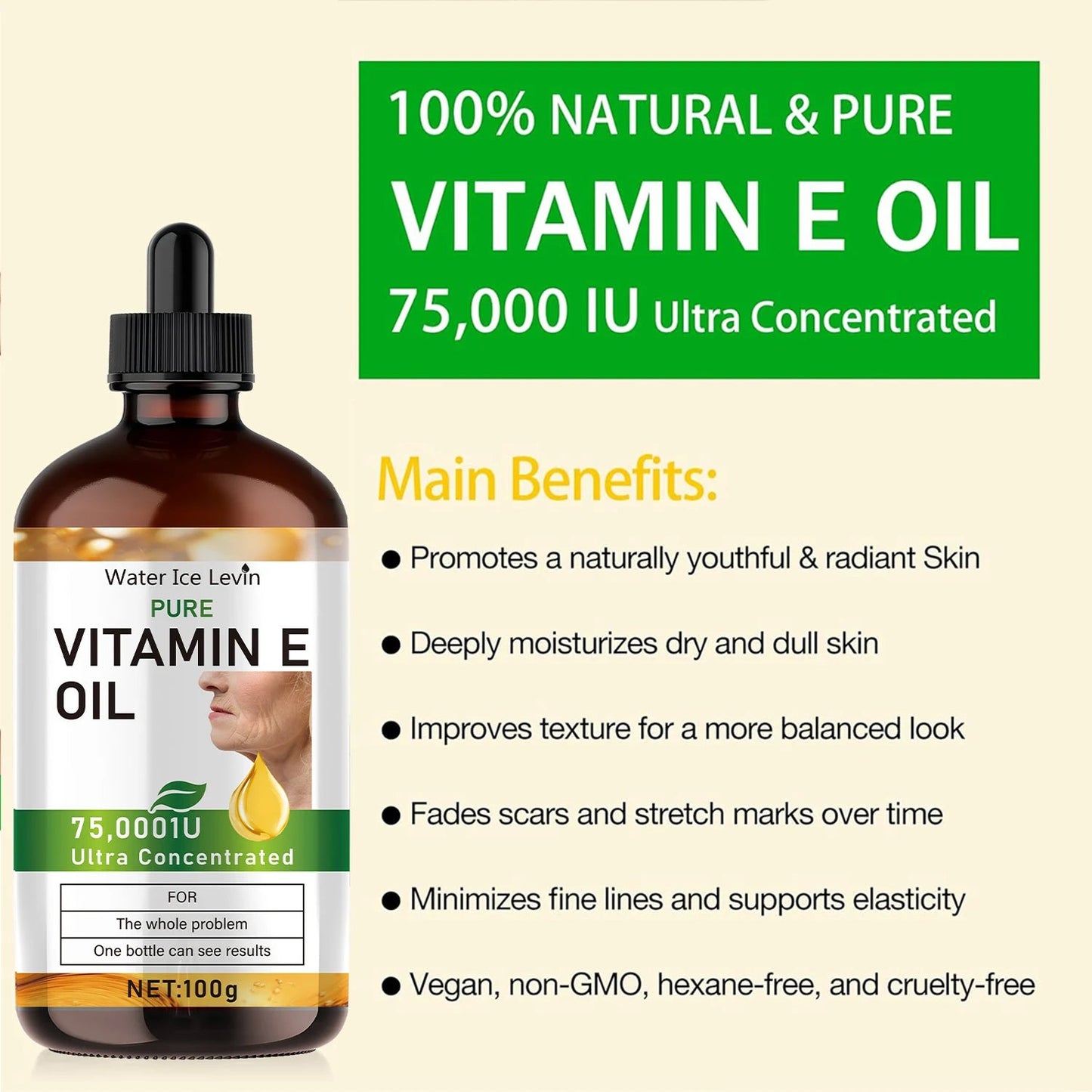 100ml Natural Vitamin E Essential Oil for Massage, Skin Care, Scraping, Shower, Face, Body, Nail, Hair, Eyelash Care Universal luvshop24