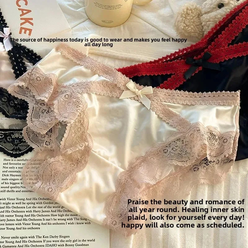 French Lace Underwear Pure Cotton Crotch Satin Sexy Triangle Panties Women's Innerwear Comfortable Breathable Ladies Briefs luvshop24