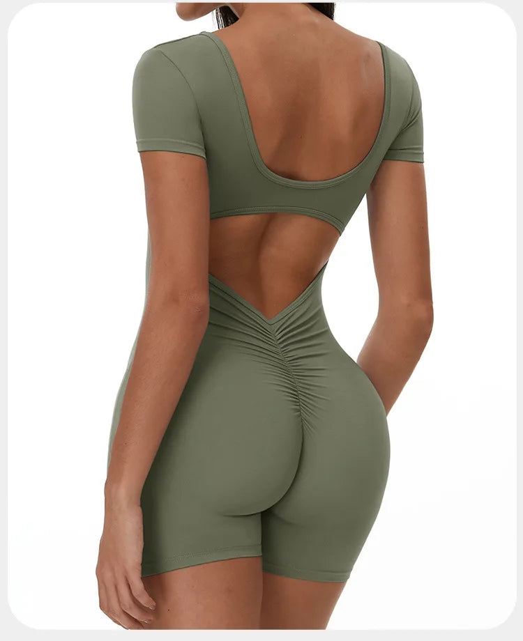 Womens Sports Bodysuit Short Sleeve Jumpsuits Stretch One Piece Set Romper Sexy Scrunch Butt Fitness Jumpsuit Female Sportwears luvshop24
