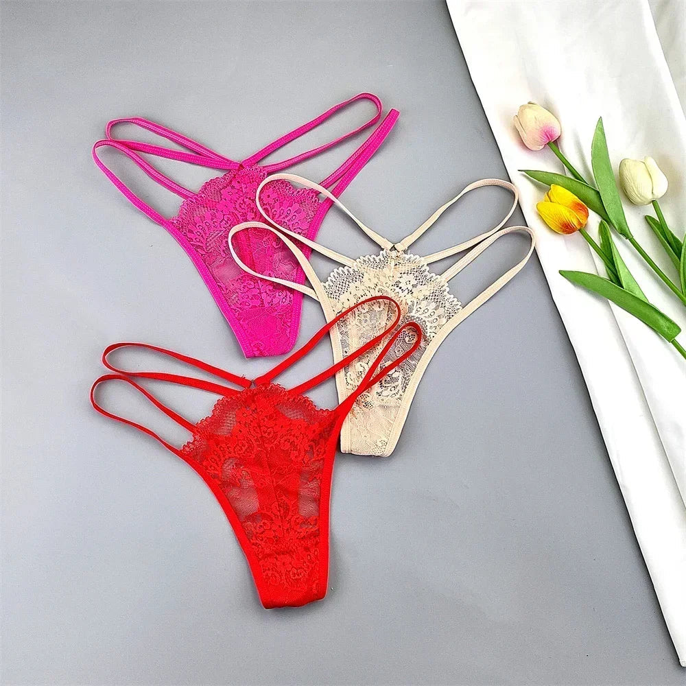 3 Pcs Lace Thin Strap Thong Women Low Waist Sexy Perspective Underwear Ladies Transparent G-string Panty Plus Size T-back luvshop24